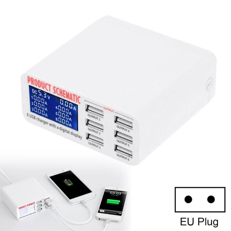 899 30W QC 3.0 6 Port USB Fast Charger with LCD Digital Display EU Plug