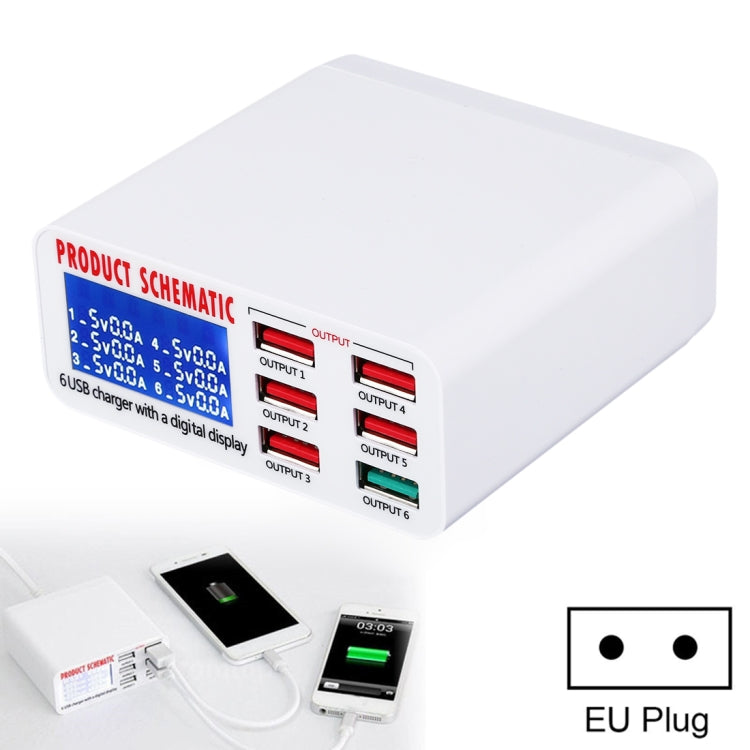 896 40W QC 3.0 Chargeur rapide USB 6 ports avec affichage numérique LCD Prise EU (Blanc)