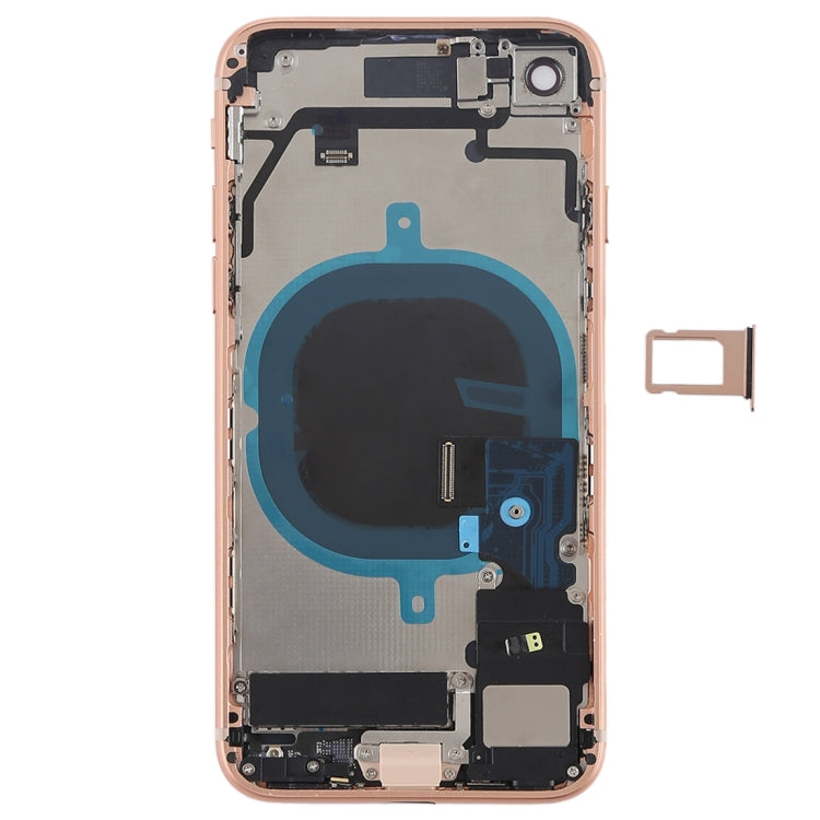 Coque arrière de la batterie avec touches latérales, vibreur, haut-parleur et bouton d'alimentation + bouton de volume, câble flexible et plateau de carte pour iPhone 8 (or rose).