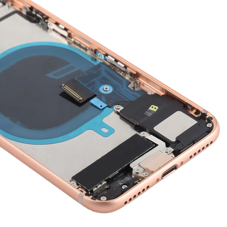 Coque arrière de la batterie avec touches latérales, vibreur, haut-parleur et bouton d'alimentation + bouton de volume, câble flexible et plateau de carte pour iPhone 8 (or rose).