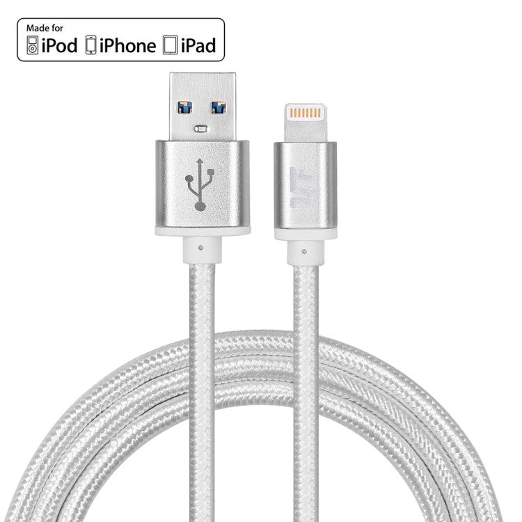 YF-MX02 1M 2.4A MFI Certificado 8 pin a USB Nylon Weave Style Data Syncing Cable de Carga Para iPhone 11 Pro Max / iPhone 11 Pro / iPhone 11 / iPhone XR / iPhone XS MAX / iPhone X y XS / iPhone 8 y 8 Plus / iPhone 7 y 7 Plus (Plateado)