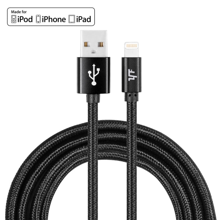 YF-MX03 2M 2.4A MFI Certified 8 pin to USB Nylon Weave Style Data Sync Charging Cable (Black)