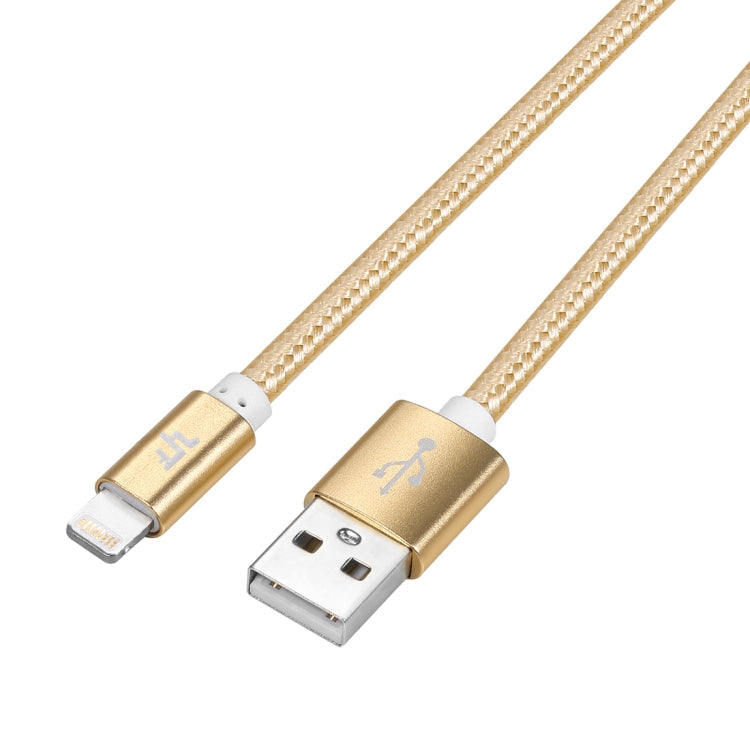 YF-MX03 2M 2.4A Certifié MFI 8 broches vers USB Câble de chargement de synchronisation de données en nylon tissé (Or)