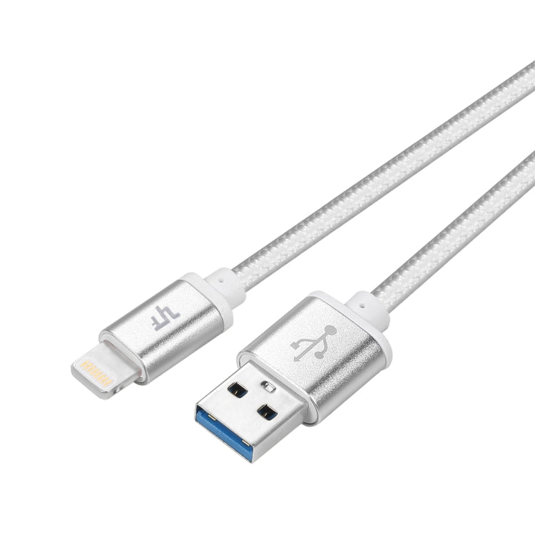 YF-MX03 2M 2.4A Câble de chargement de synchronisation de données en tissu nylon certifié MFI 8 broches vers USB (Argent)