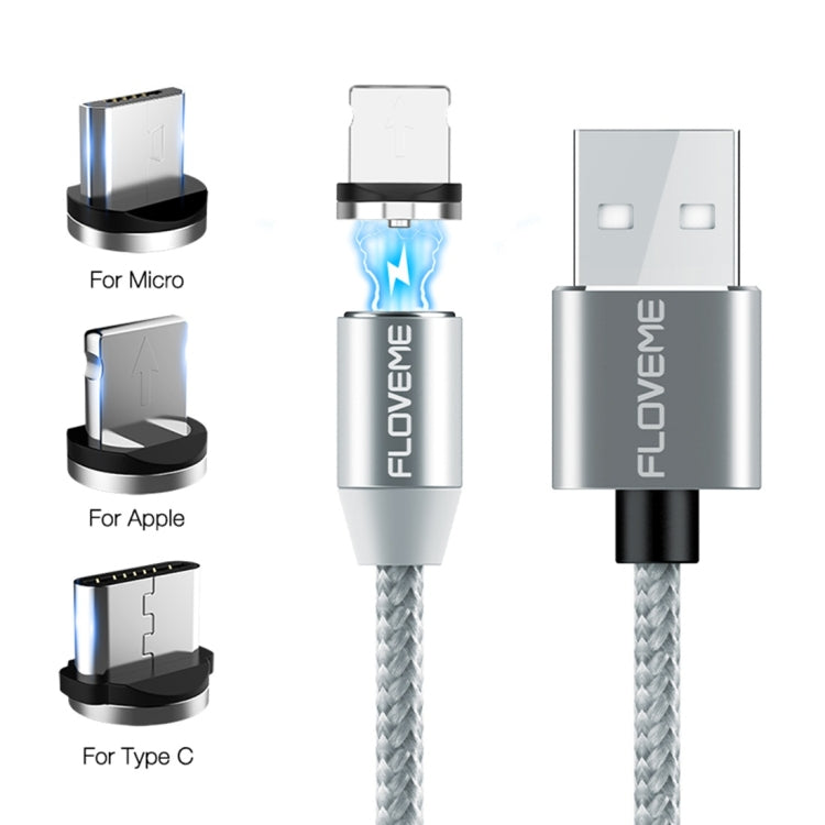FLOVEME YXF93674 1M 2A 8 PIN + Micro USB + USB-C / Type AC Magnetic Nylon USB Charging Cable (Silver)