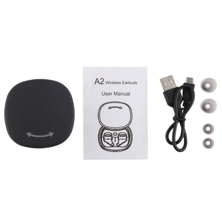 A2 TWS Sports de plein air Écouteurs intra-auriculaires portables Bluetooth V5.0 + EDR avec boîte de chargement à rotation à 360 degrés (Noir)
