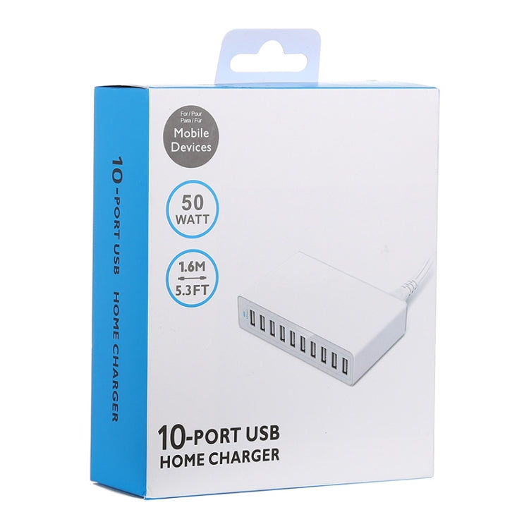XBX09L 50W 5V 2.4A 10 USB Ports Fast Travel Charger US Plug (White)