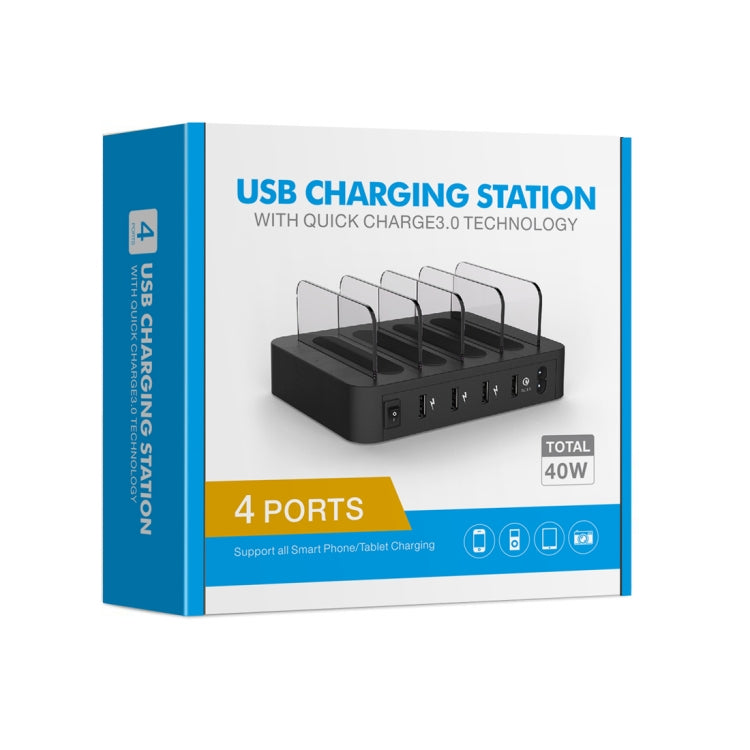 Multifonction AC 100V ~ 240V Sortie 4 ports USB Station de charge détachable Prise en charge du chargeur intelligent QC3.0 (Noir)