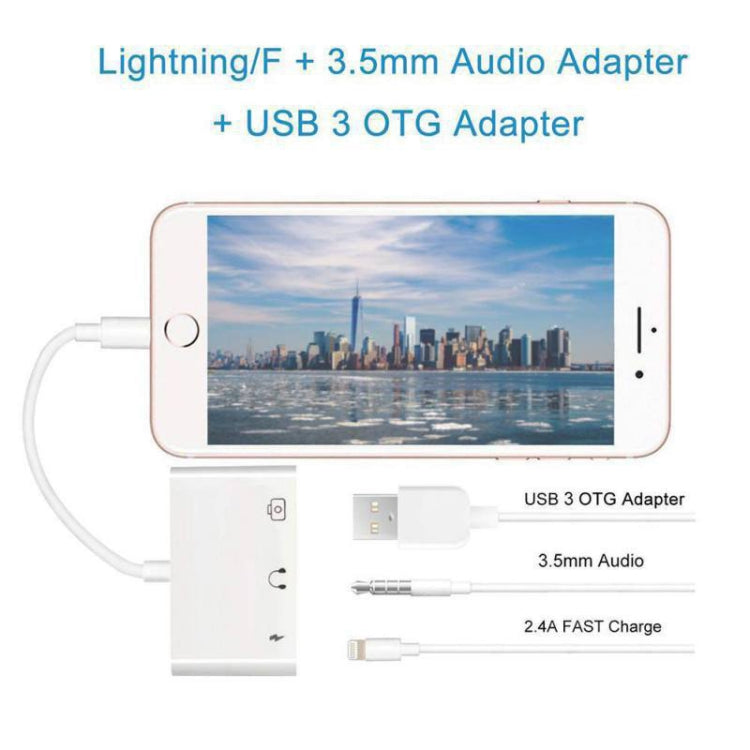 3 en 1 multifonction 8 broches + 3,5 mm + USB 3.0 OTG vers adaptateur de charge rapide mâle 8 broches et musique audio et lecture de carte (blanc)