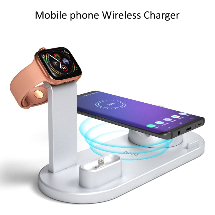 HQ-UD15 5 in 1 8 Pin + Micro USB + USB-C / Type C Interfaces + 8 Pin Headphone Charging Interface + Wireless Charging Dock with Watch Stand (Silver)