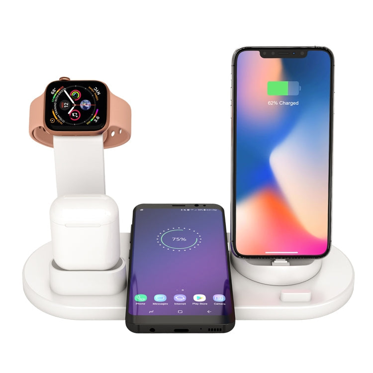 HQ-UD15 5 in 1 8 Pin + Micro USB + USB-C / Type C Interfaces + 8 Pin Headphone Charging Interface + Wireless Charging Charger Dock with Watch Stand (White)
