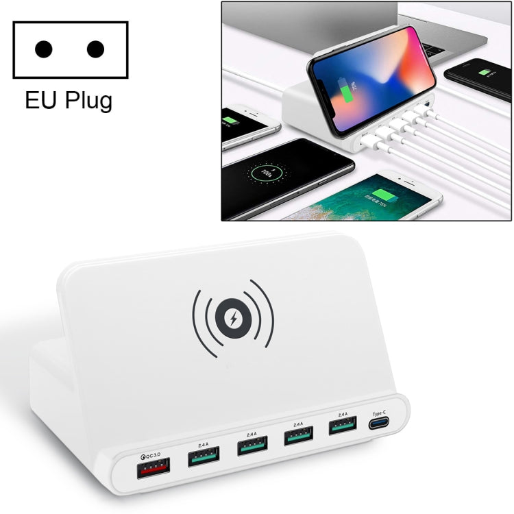 828W 7 in 1 60W QC 3.0 USB Interface + 4 USB Ports + USB-C / Type-C Interface + Multifunction Wireless Charging Charger with Stand Function for Mobile Phone EU Plug (White)