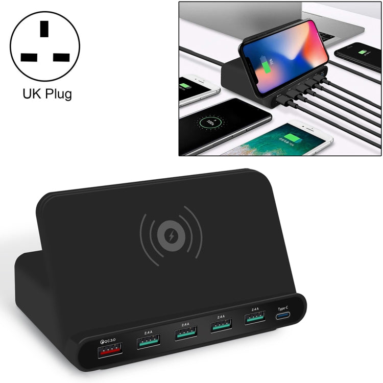 Interfaz USB 828W 7 en 1 60W QC 3.0 + 4 Puertos USB + Interfaz USB-C / Tipo-C + Cargador Multifunción de Carga Inalámbrica con función de soporte para Teléfono Móvil Enchufe para el Reino Unido (Negro)