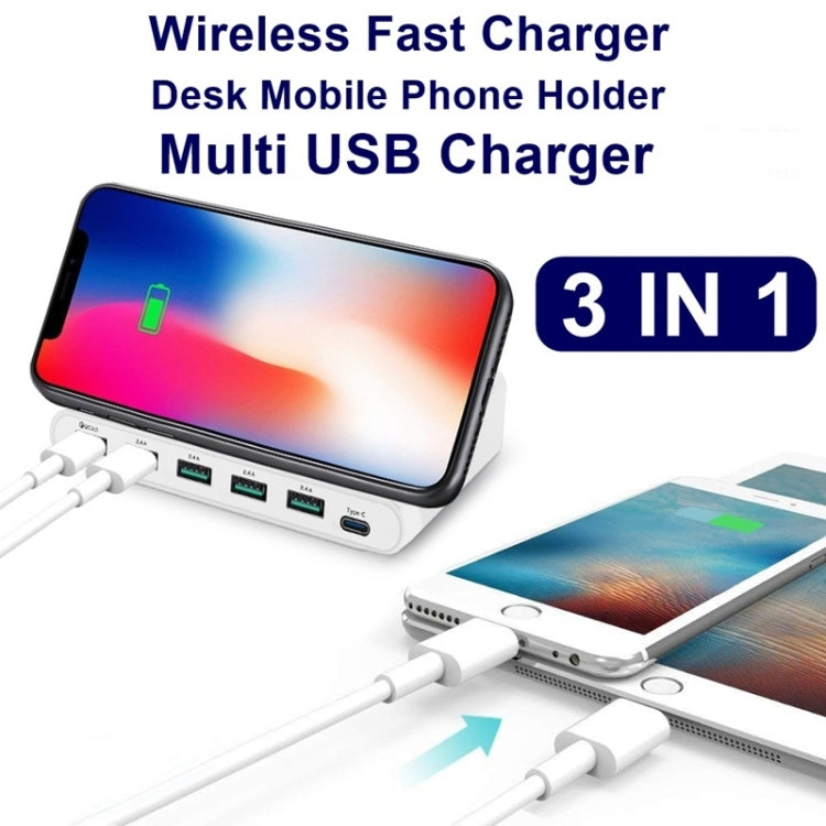 828W 7 in 1 60W QC 3.0 USB Interface + 4 USB Ports + USB-C / Type-C Interface + Multifunction Wireless Charging Charger with Mobile Phone Stand Function UK Plug (Black)