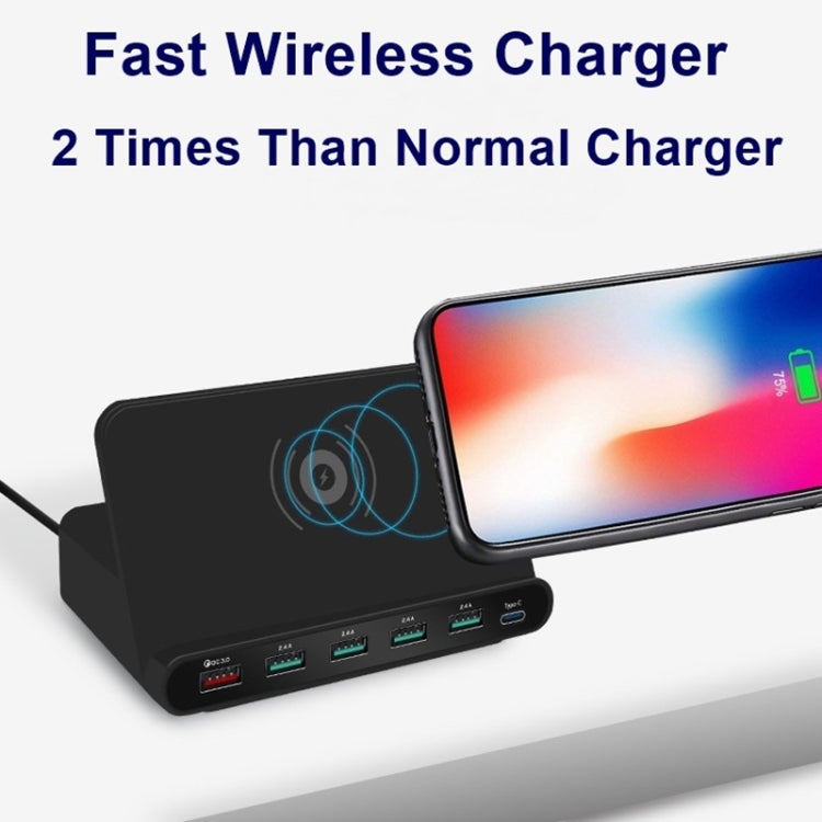 828W 7 in 1 60W QC 3.0 USB Interface + 4 USB Ports + USB-C / Type-C Interface + Multifunction Wireless Charging Charger with Mobile Phone Stand Function UK Plug (Black)