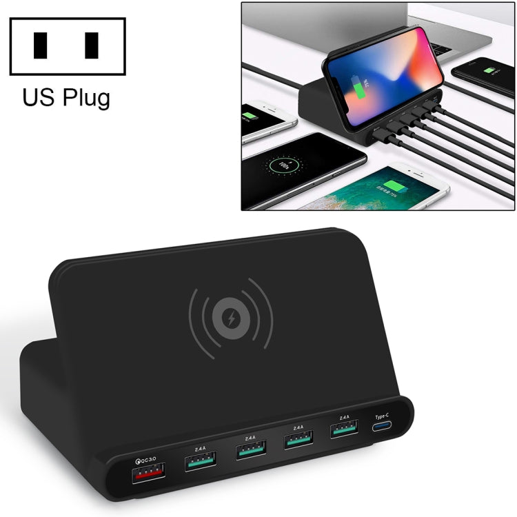 828W 7 in 1 60W QC 3.0 USB Interface + 4 USB Ports + USB-C / Type-C Interface + Multifunction Wireless Charging Charger with Stand Function for Mobile Phone US Plug (Black)