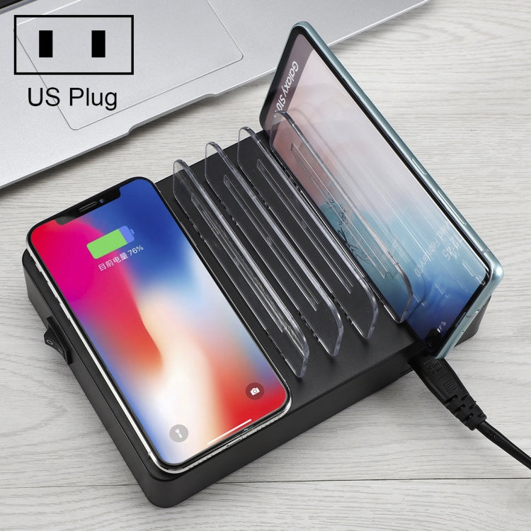 50W 6 USB Ports + 2 USB-C / Type-C Ports + Wireless Charging Multifunction Charger with LED Display and Detachable Bezel US Plug