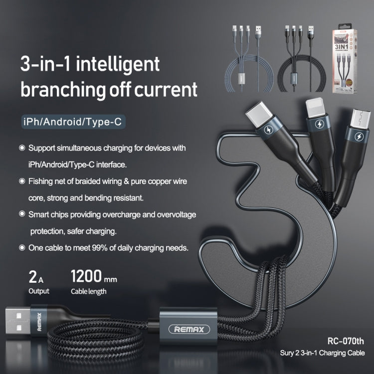 Remax RC-070TH 1.2m 2A 3 en 1 USB a 8 Pines y USB-C / Type-C y Cable de Carga Micro USB (Negro)