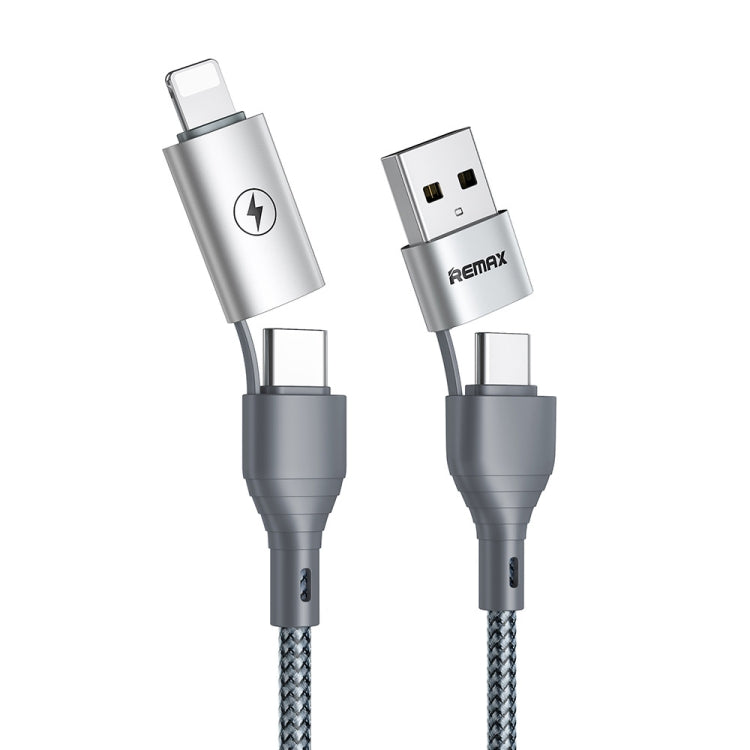 Remax RC-011 1.2m 2.4A 4-in-1 USB to USB-C / Type-Cx2 + 8-Pin Fast Charging Data Cable (Silver)