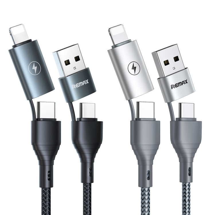 Remax RC-011 1.2m 2.4A 4-in-1 USB to USB-C / Type-Cx2 + 8-Pin Fast Charging Data Cable (Silver)