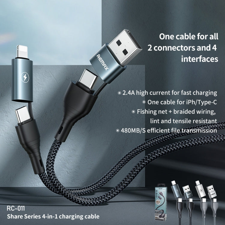 Remax RC-011 1,2 m 2,4 A 4 en 1 USB vers USB-C / Type-Cx2 + câble de données à charge rapide 8 broches (argent)