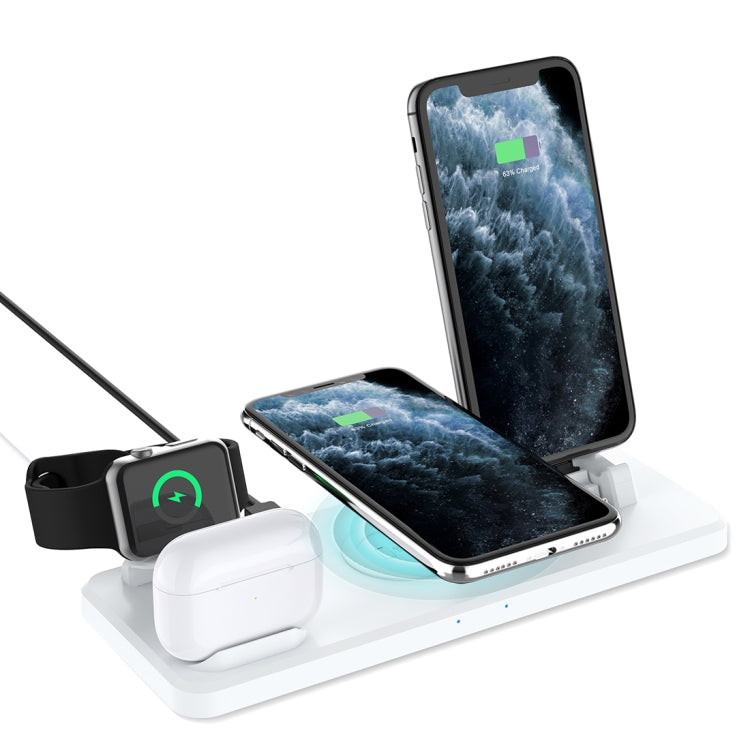 Q720 6 in 1 15W 8 Pin + USB-C / Type-C + USB + 8 Pin Headphone Charging Interface + QI Wireless Charging Multifunctional Wireless Charger with Stand Function for Mobile Phone / Watch (White)