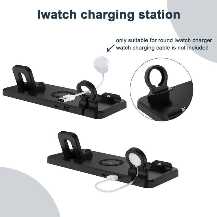 Q720 6 in 1 15W 8 Pin + USB-C / Type-C + USB + 8 Pin Headphone Charging Interface + QI Wireless Charging Multifunctional Wireless Charger with Stand Function for Mobile Phone / Watch (White)
