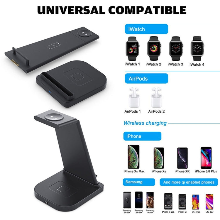 HQ-UD21 3 in 1 Foldable Mobile Phone Watch Charging Stand Multifunction Wireless Charger for iPhone Apple Watch and Airpods (Black)