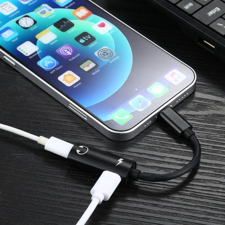 2 in 1 8 Pin Male to Dual Pin Female Charging and Listening Music Audio Audio Adapter Compatible with All IOS Systems (Black)