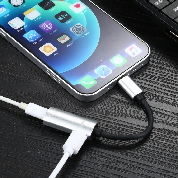 2 in 1 8 Pin Male to Dual Pin Female Charging and Listening Music Audio Audio Adapter Compatible with All iOS Systems (Silver)