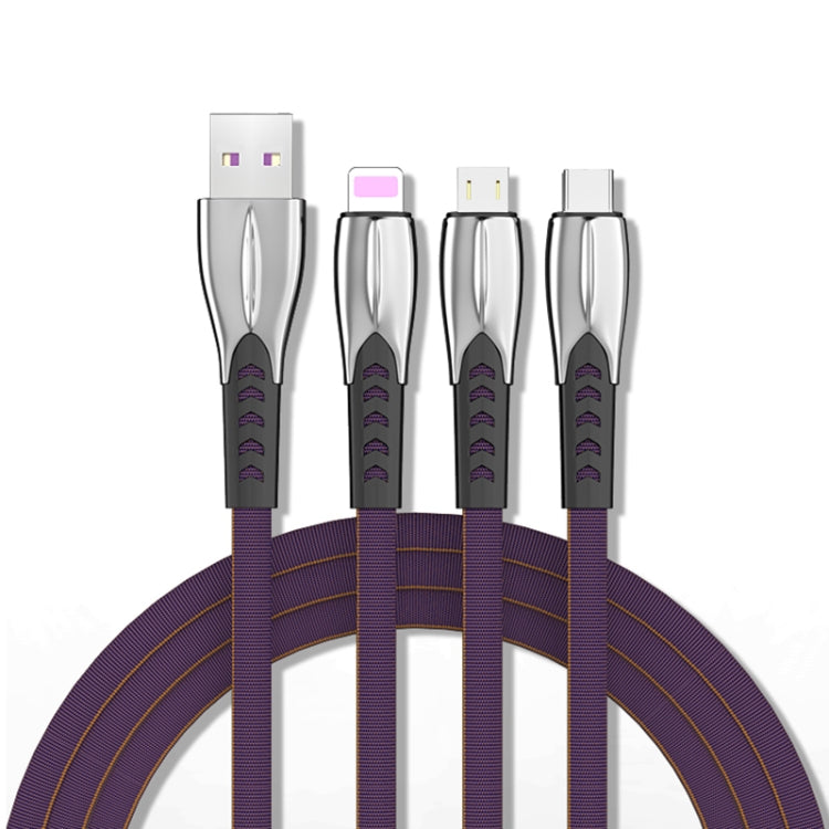 3A 3 en 1 USB a 8Pin + Micro USB + USB-C / Type-C Cable de Carga súper Rápido de aleación de zinc (púrpura)