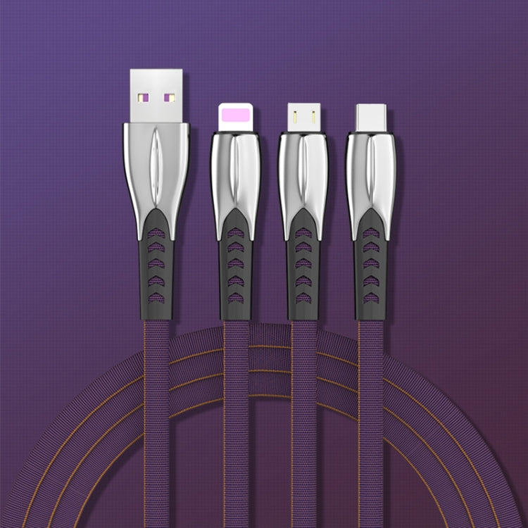 Câble de charge ultra rapide en alliage de zinc 3A 3 en 1 USB vers 8 broches + Micro USB + USB-C / Type-C (violet)