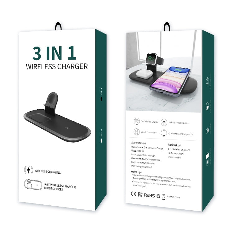 OJD-55 Cargador Inalámbrico Multifunción de Carga Rápida 3 en 1 de 15 W para iPhones iWatches y AirPods (Negro)