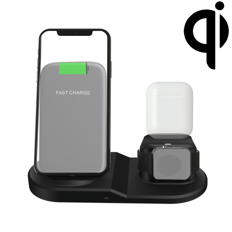 OJD-45 Téléphone portable 3 en 1 QI 10W + Montre + Port de charge pour casque 8 broches Chargeur sans fil multifonction pour téléphones portables et montres et AirPods 2 (Noir)