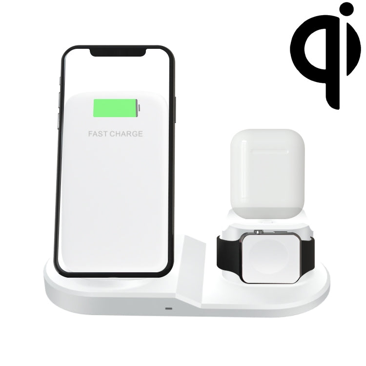 OJD-45 3 in 1 QI 10W Mobile Phone + Watch + 8 Pin Headphone Charging Port Multifunction Wireless Charger for Mobile Phones Watches and AirPods 2 (White)
