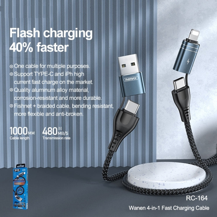 Remax RC-164 4 in 1 USB + USB-C / Type-C to 8 PIN + USB-C / TYP-C Fast Charging Data Cable Cable length: 1M (Black)