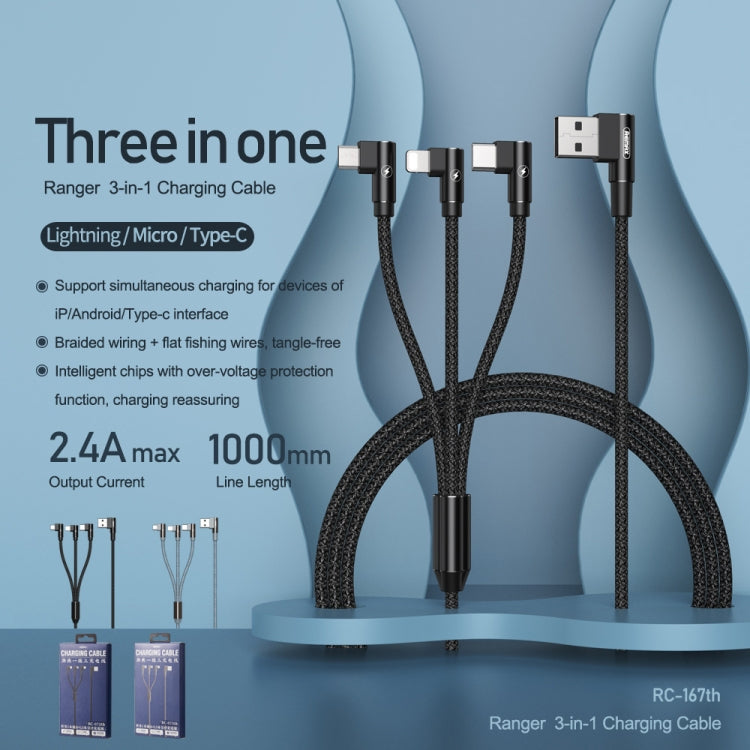 Remax RC-167th 3 in 1 2.1A USB to 8 PIN + USB-C / Type-C + Micro USB Range Charging Cable Cord length: 1m (Black)