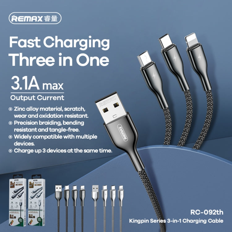 Remax RC-092TH KINGPIN Series 3.1A 3 en 1 USB a Micro USB + Tipo-C + 8 PIN Cable de Carga longitud del Cable: 1.2m (Plata)