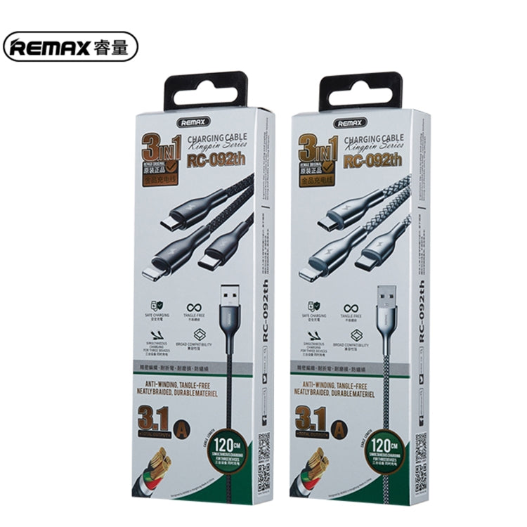 Remax RC-092TH KINGPIN Series 3.1A 3 en 1 USB vers Micro USB + Type-C + Câble de charge 8 broches Longueur du câble : 1,2 m (Argent)