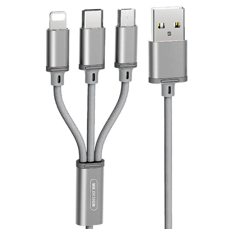 WK WDC-091 2.8A 3 en 1 8 Pin + Micro USB + Tipo-C / USB-C Aluminio Slloy Capacidad de Carga Cable Longitud: 1.15m (Plata)