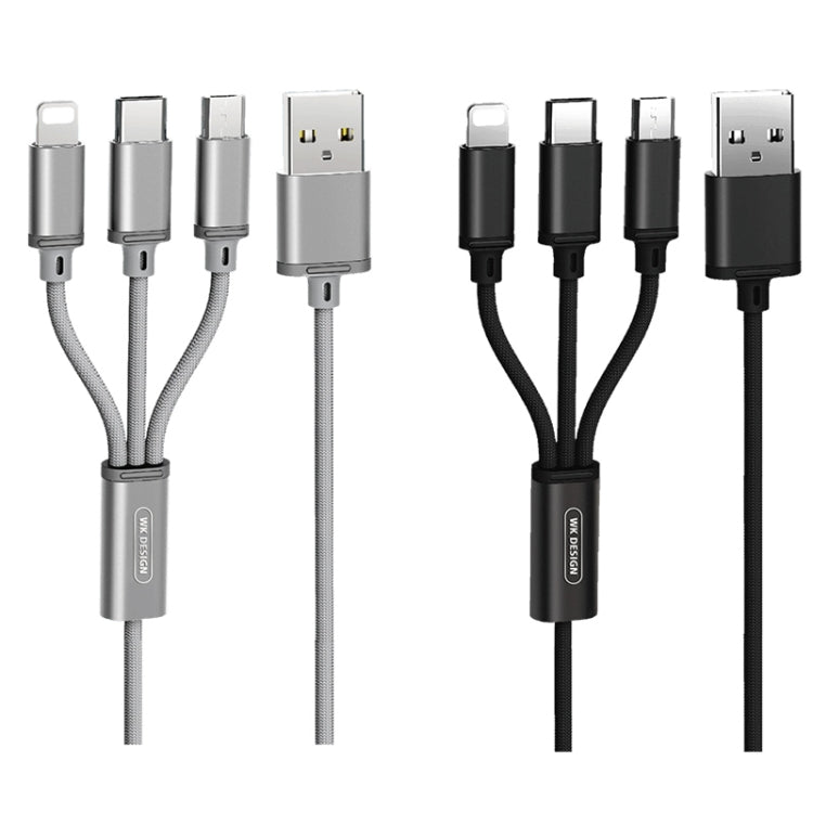 WK WDC-091 2.8A 3 en 1 8 Pin + Micro USB + Tipo-C / USB-C Aluminio Slloy Capacidad de Carga Cable Longitud: 1.15m (Plata)