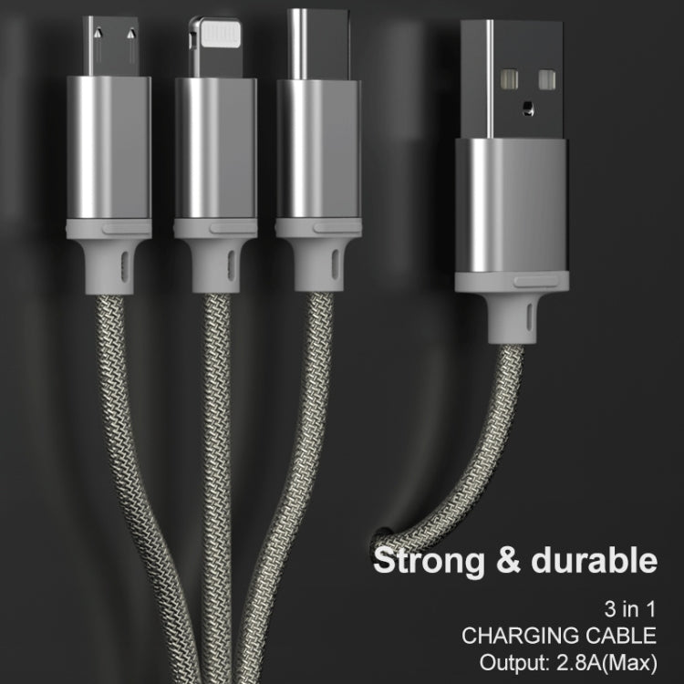 WK WDC-091 2.8A 3 in 1 8 Pin + Micro USB + Type-C / USB-C Aluminum Slloy Charging Capacity Cable Length: 1.15m (Silver)