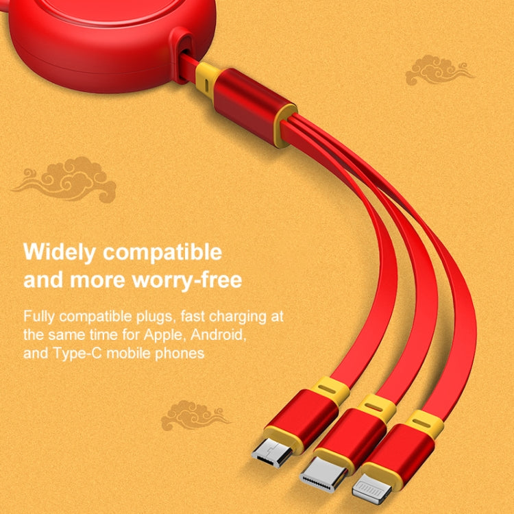 KO42 1.2M 3A 3 in 1 USB to 8 PIN + USB-C / Type-C + Micro USB Cable Retractable Data Cable
