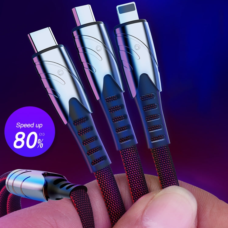 KO51 1.2m 3 en 1 USB a 8 PIN + USB-C / TYPE-C + Micro USB Tela de tiburón Cable de Datos (Azul)