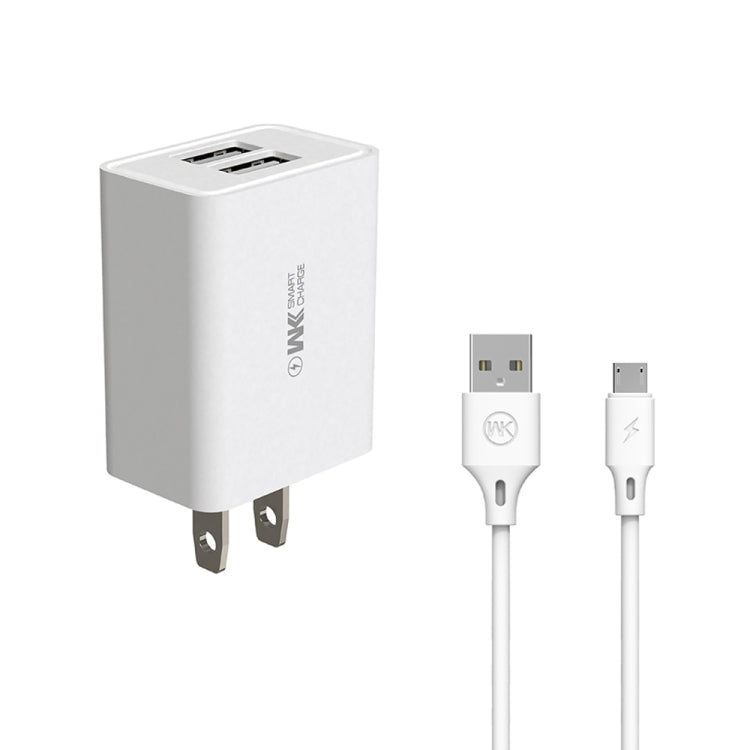 WKOME WP-U56 2 en 1 2A Cargador de Viaje Dual USB + USB al conjunto de Cables de Datos Micro USB Enchufe de US (Blanco)