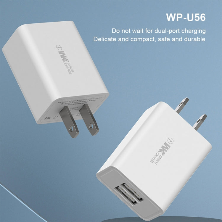 WKOME WP-U56 Chargeur de voyage double USB 2 en 1 2A + Câble de données USB vers USB / Type-C Prise US (Blanc)