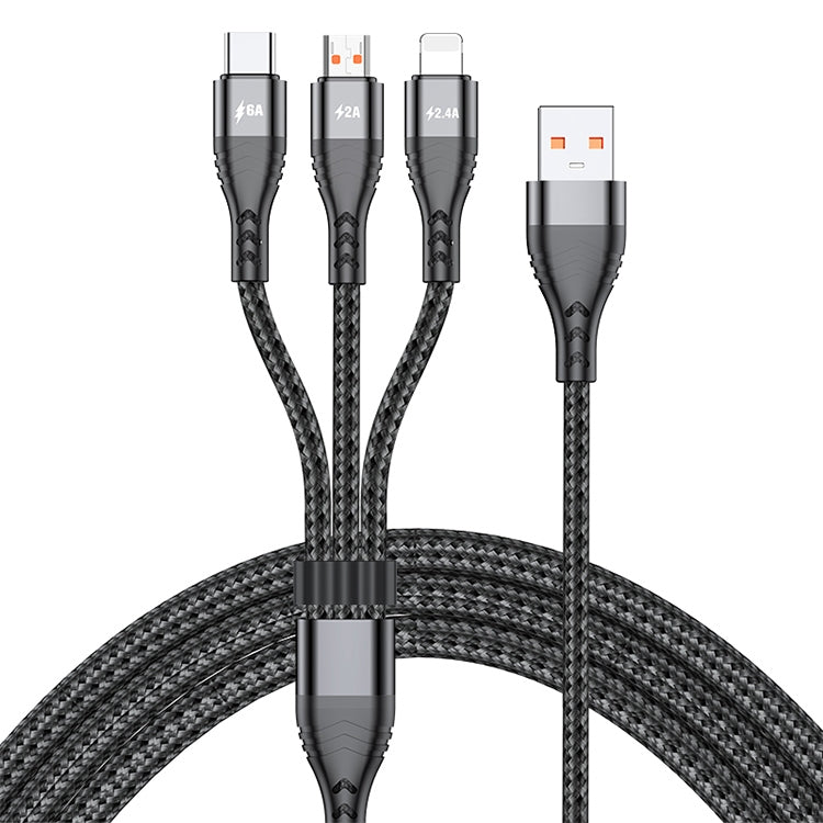 ADC-138 66W 3 in 1 USB to 8 PIN + Micro USB + USB-C / Type C Fast Charging Braided Data Cable Cable length: 1.2m (Black)