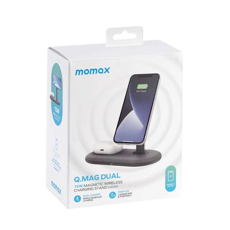 Momax UD20 Q.MAG Dual 15W Chargeur magnétique double charge rapide sans fil pour iPhone 12 (Gris foncé)