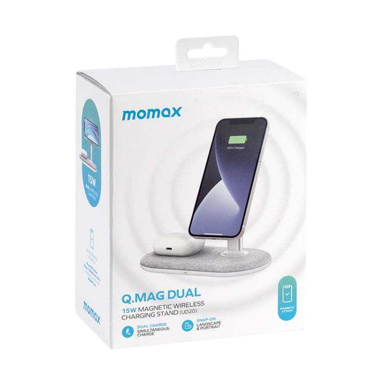 Momax UD20 Q.MAG Dual 15W Cargador de Carga Rápida Inalámbrico Dual Magnético 15W para iPhone 12 Series (Gris claro)