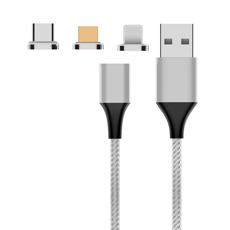 M11 3 en 1 5A USB a 8 PIN + Micro USB + Cable de Datos Magnéticos trenzados de Nylon Longitud del Cable: 2m (Plata)